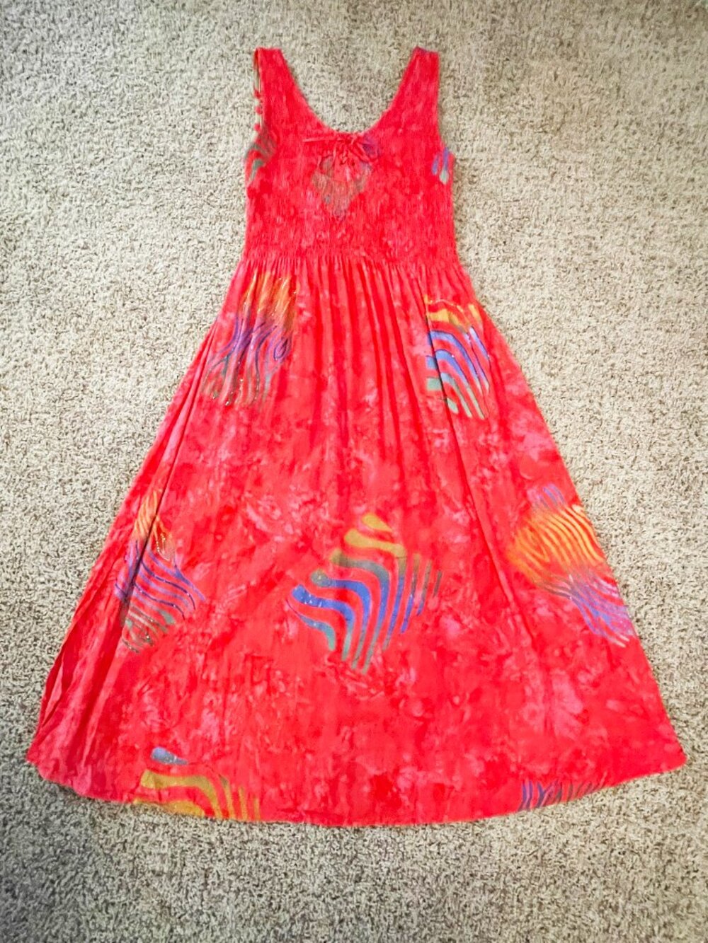 Bali Batiks Red Tie Dye Maxi Dress Size Medium Hand Painted Rayon Boho Resort